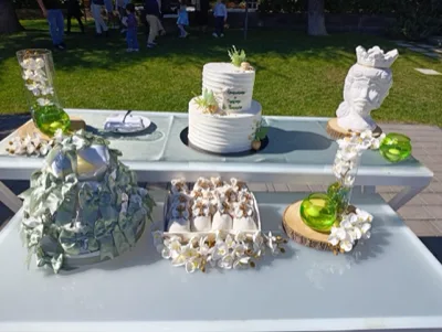 Tavolo torta per Comunione e Cresima con torta bianca a due piani, bomboniere in primo piano, vasi verdi con fiori bianchi e una testa di moro decorativa sul lato. L'allestimento è disposto all'aperto davanti al prato, con dettagli chiari e raffinati dedicati alla cerimonia.