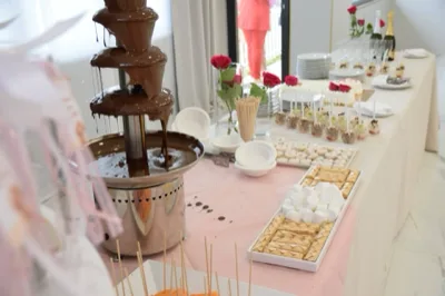 Fontana di cioccolato sistemata accanto a un tavolo dessert con marshmallow, dolci monoporzione, bicchierini e dettagli floreali rossi. La scena comunica un angolo dolce scenografico allestito per il ricevimento in sala.
