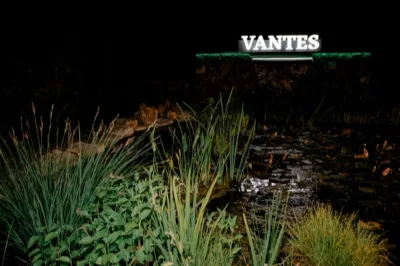Laghetto notturno con piante acquatiche in primo piano e la scritta VANTES illuminata sopra la cascata sullo sfondo. La scena è buia e scenografica, con riflessi sull'acqua e vegetazione ornamentale ai bordi.